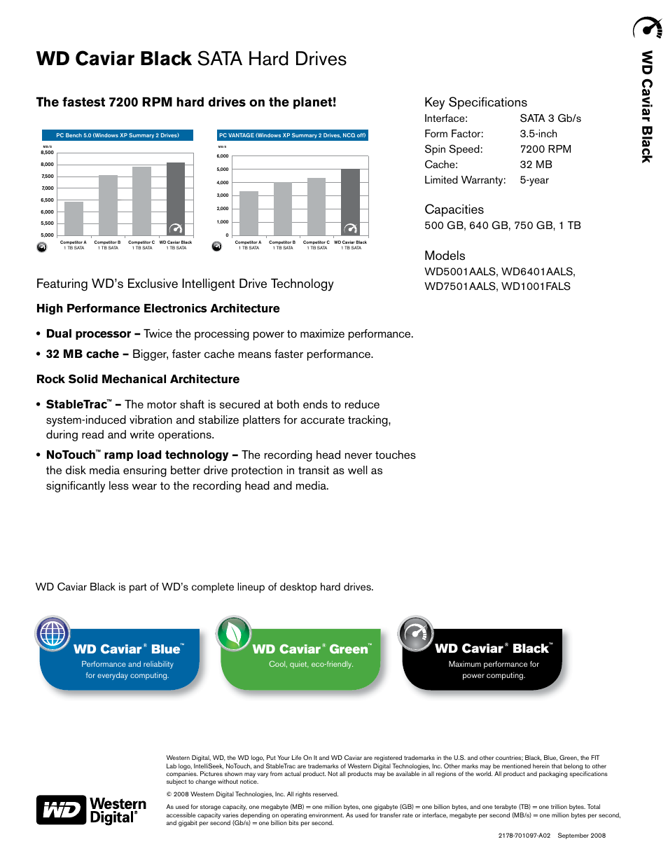 Wd caviar black sata hard drives, Wd caviar blac k, Key specifications | Capacities, Models, The fastest 7200 rpm hard drives on the planet, Wd caviar, Black, Blue, Green | Western Digital WDCaviarBlack WD7501AALS User Manual | Page 2 / 2