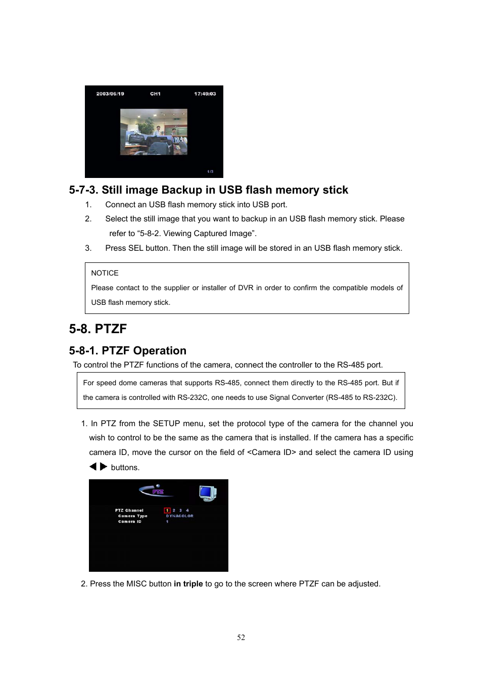 7-3. still image backup in usb flash memory stick, 8. ptzf, 8-1. ptzf operation | Western Digital 4CH TRIPLEX User Manual | Page 52 / 87