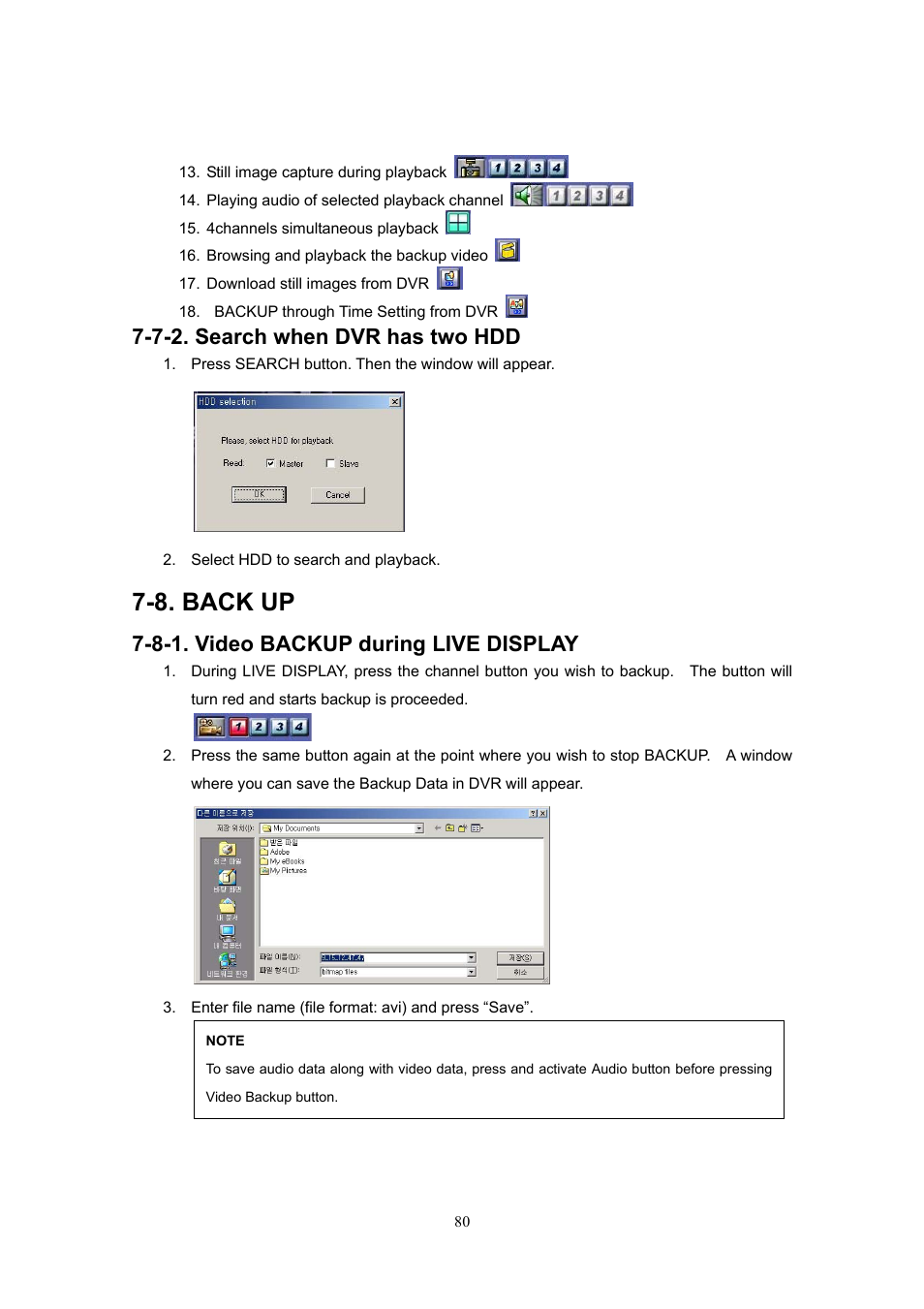 7-2. search when dvr has two hdd, 8. back up, 8-1. video backup during live display | Western Digital 4CH TRIPLEX User Manual | Page 80 / 87