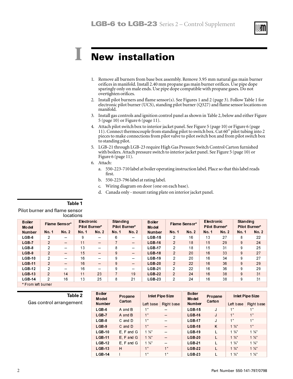 I. new installation, New installation, Lgb-6 to lgb-23 | Series 2 – control supplement | Weil-McLain SERIES 2 LGB-7 User Manual | Page 2 / 11
