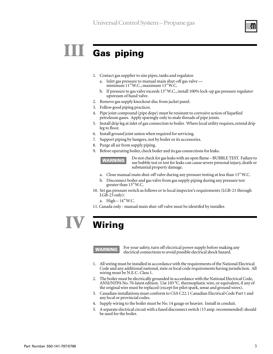 Iii. gas piping, Iv. wiring, Gas piping | Wiring | Weil-McLain SERIES 2 LGB-7 User Manual | Page 5 / 11