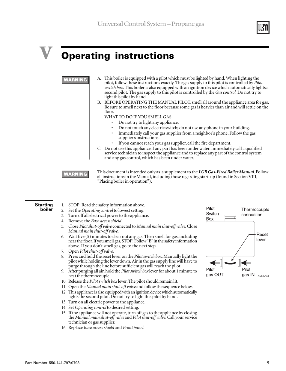 V. operating instructions . 9, Operating instructions, Universal control system – propane gas | Weil-McLain SERIES 2 LGB-7 User Manual | Page 8 / 11