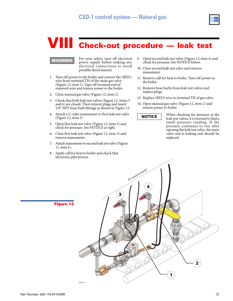 Viii, Check-out procedure — leak test, Csd-1 control system — natural gas | Weil-McLain EGH-125 User Manual | Page 25 / 36