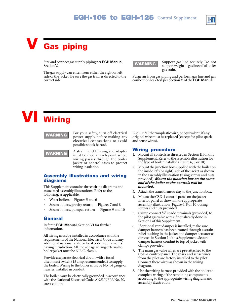 Gas piping, Wiring | Weil-McLain EGH-125 User Manual | Page 8 / 36