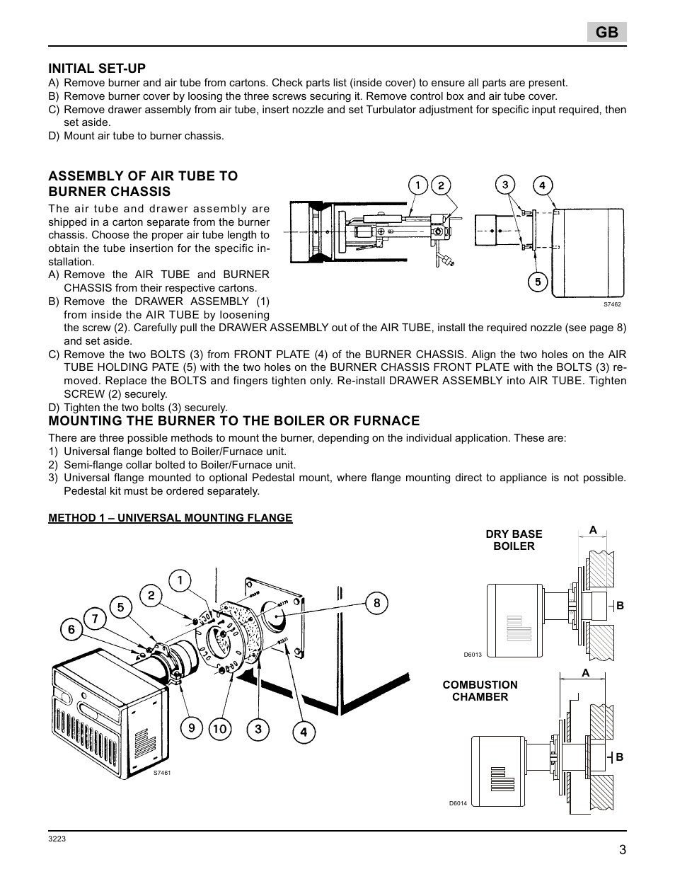 Initial set-up, Assembly of air tube to burner chassis, Mounting the burner to the boiler or furnace | Weil-McLain 800058000-Brn-PO Rie F5 User Manual | Page 6 / 20