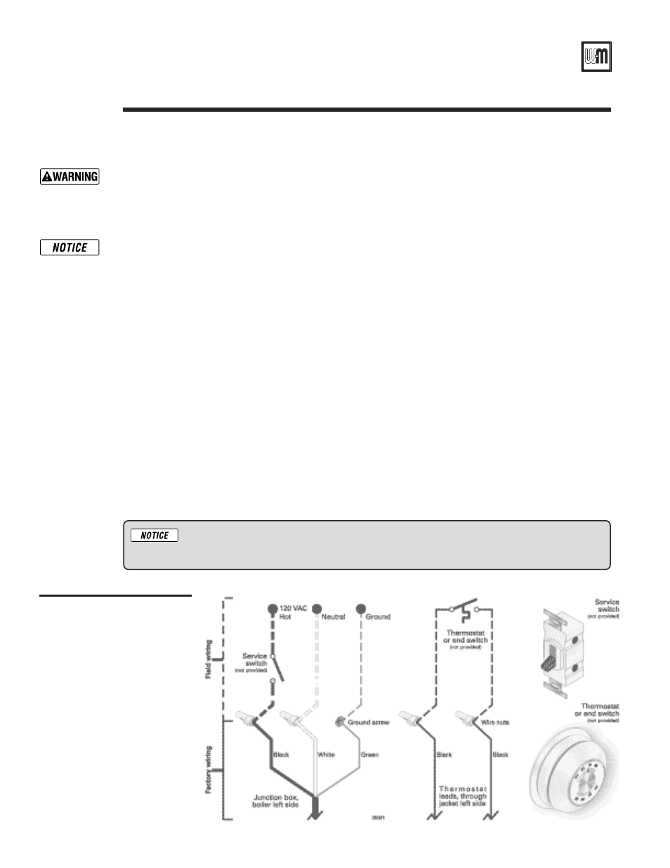 Field wiring, Gold cgs gas-fired water boiler — boiler manual, Thermostat | Junction box (furnished), Electrical installation must comply with, Wiring connections | Weil-McLain GOLD CGS 550-110-260/0508 User Manual | Page 26 / 64