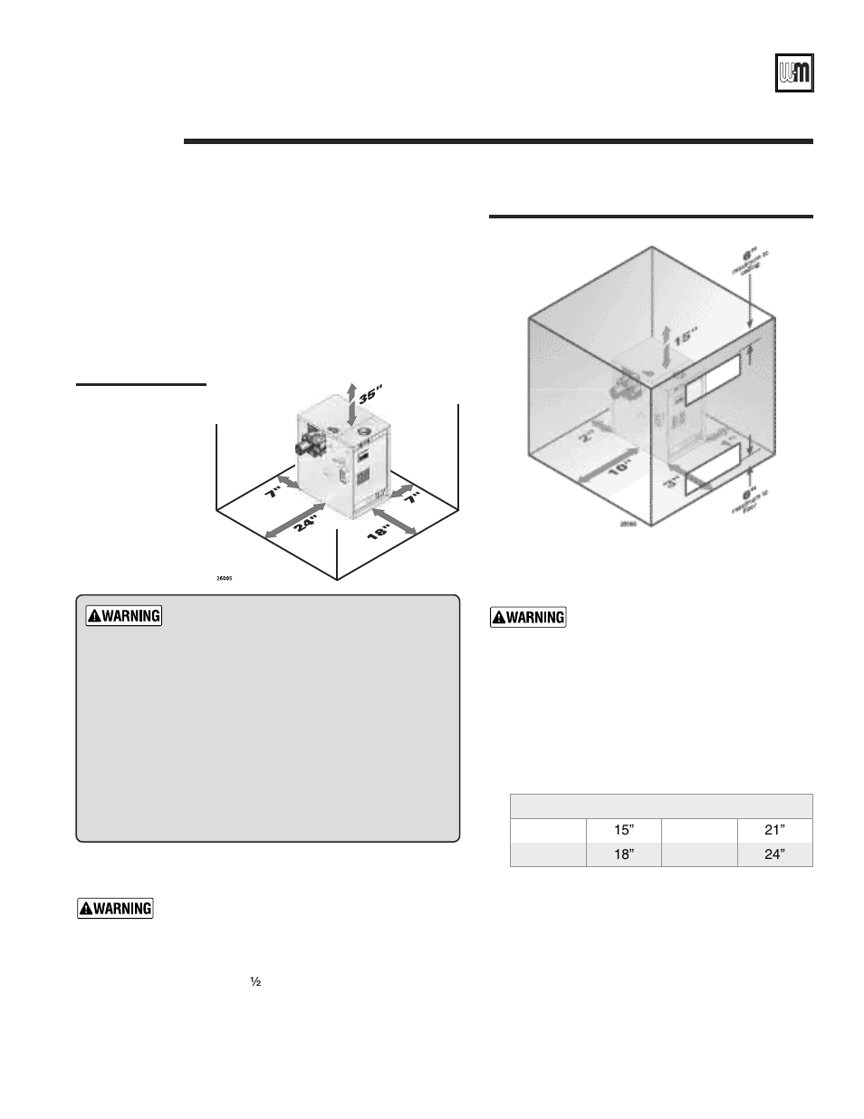 Prepare boiler location — clearances, Gold cgs gas-fired water boiler — boiler manual, Recommended service clearances | Required minimum clearances, Flooring, Foundation, Residential garage installations | Weil-McLain GOLD CGS 550-110-260/0508 User Manual | Page 7 / 64