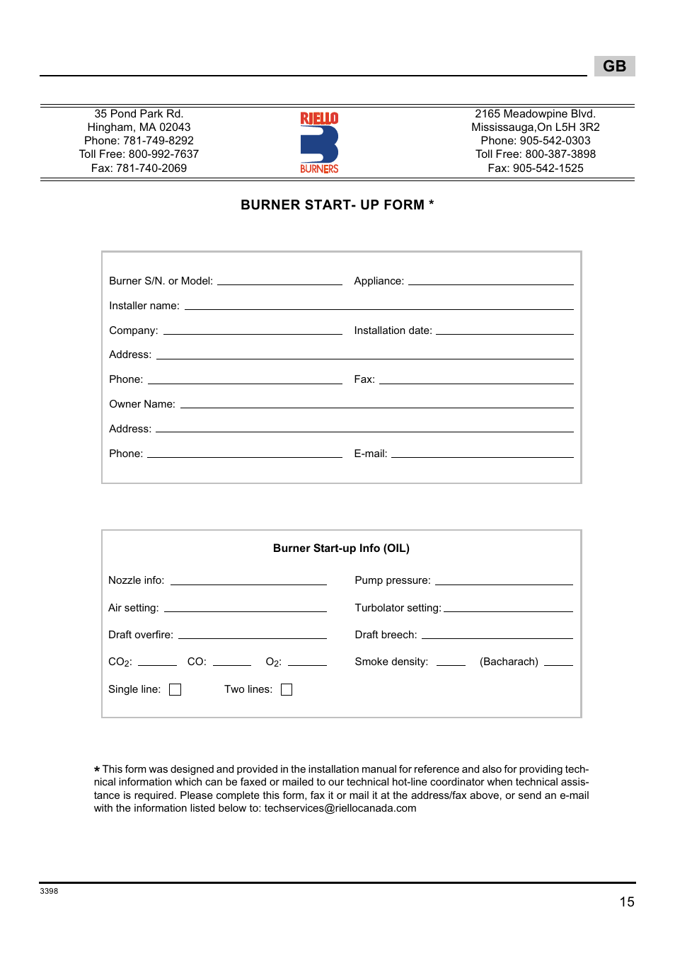 Burner start- up form | Weil-McLain 800062000-Brn-PO Rie BF5 User Manual | Page 18 / 19