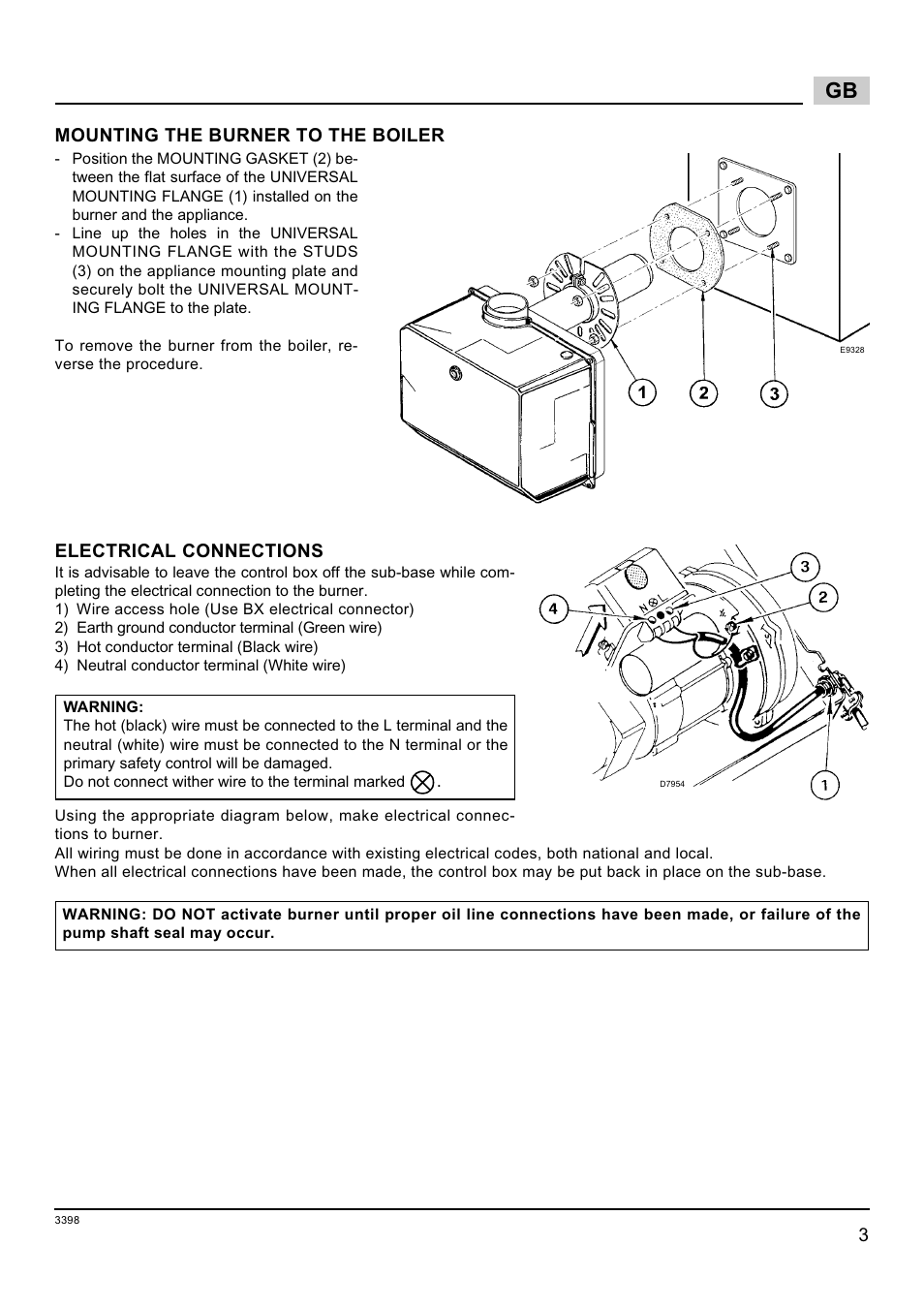 Mounting the burner to the boiler, Electrical connections | Weil-McLain 800062000-Brn-PO Rie BF5 User Manual | Page 6 / 19