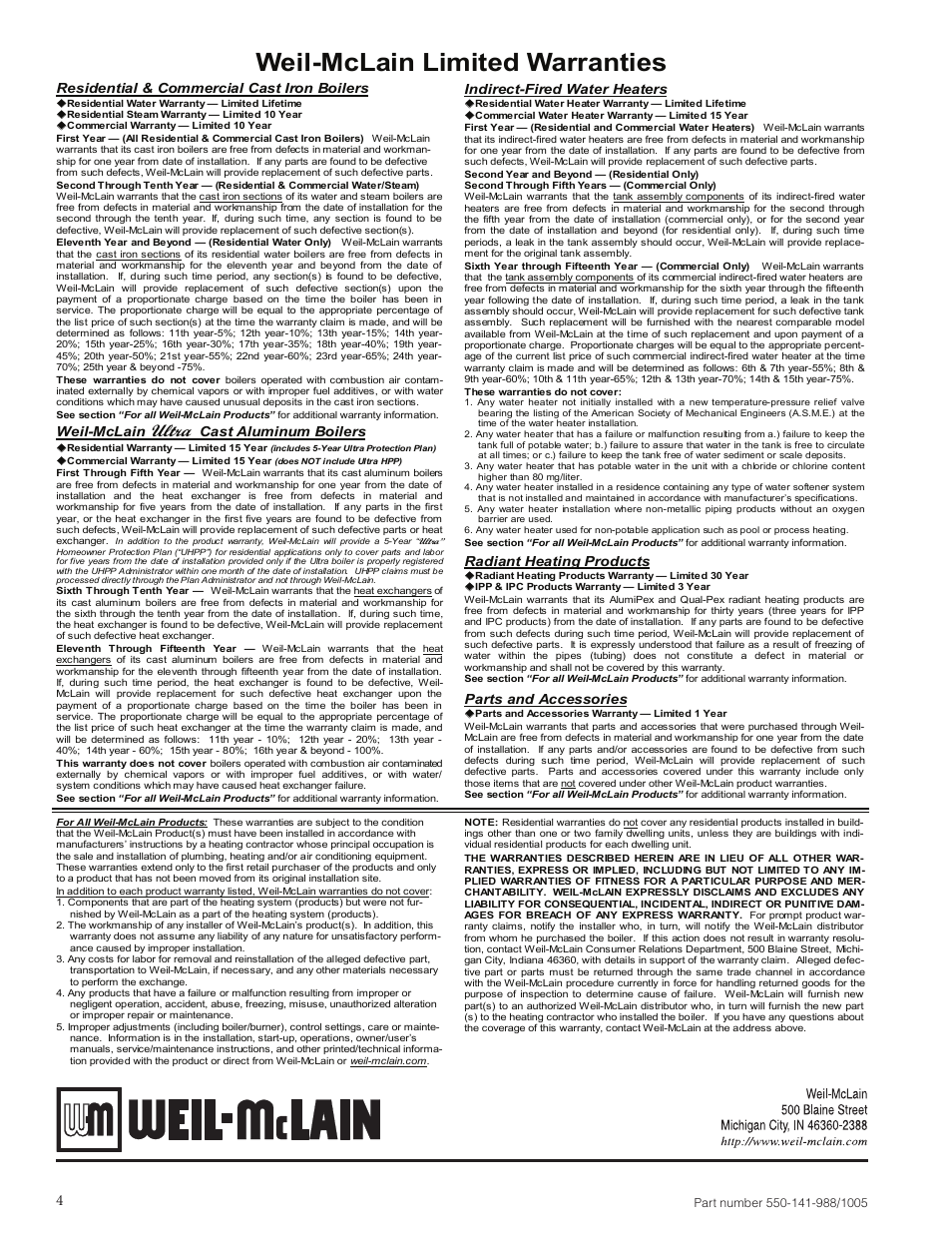 Weil-mclain limited warranties, Ultra, Residential & commercial cast iron boilers | Indirect-fired water heaters, Weil-mclain, Cast aluminum boilers, Radiant heating products, Parts and accessories | Weil-McLain Oil-Fired Water Boiler User Manual | Page 4 / 4