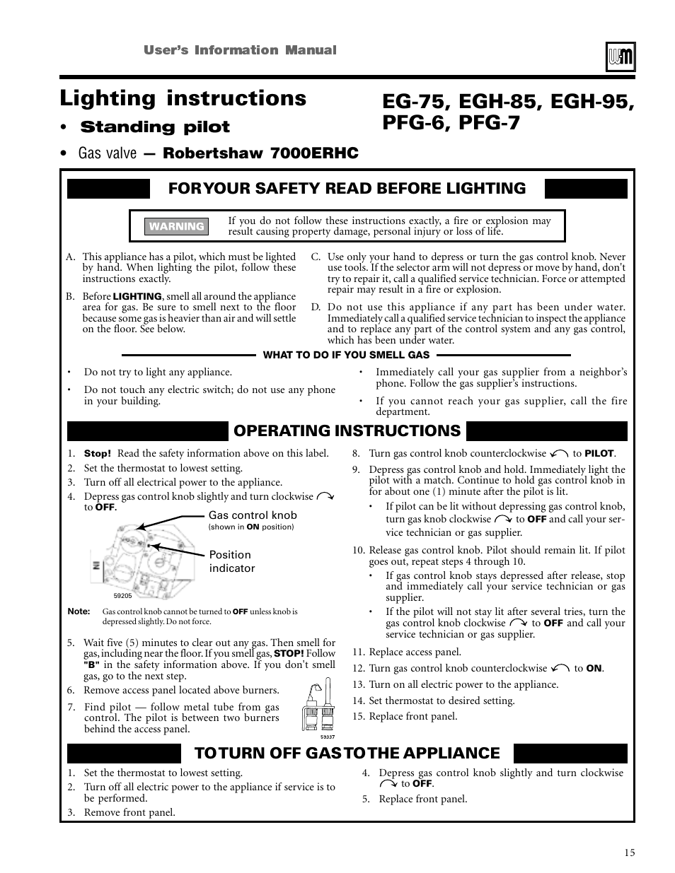 Lighting instructions, Standing pilot • gas valve — robertshaw 7000erhc | Weil-McLain CGi User Manual | Page 15 / 24