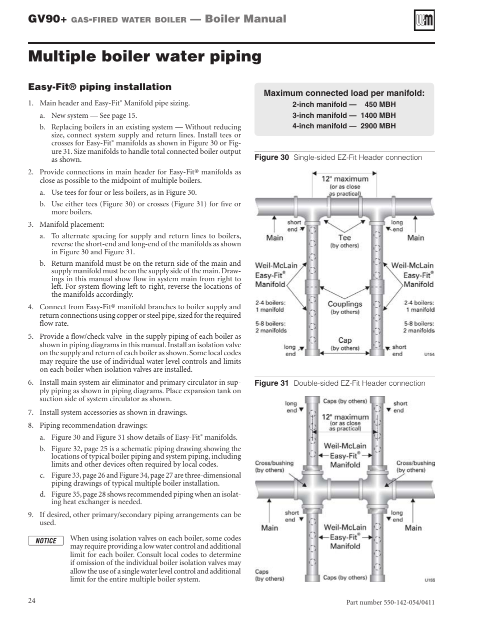 Multiple boiler water piping, Gv90, Boiler manual | Weil-McLain GV90+ User Manual | Page 24 / 108