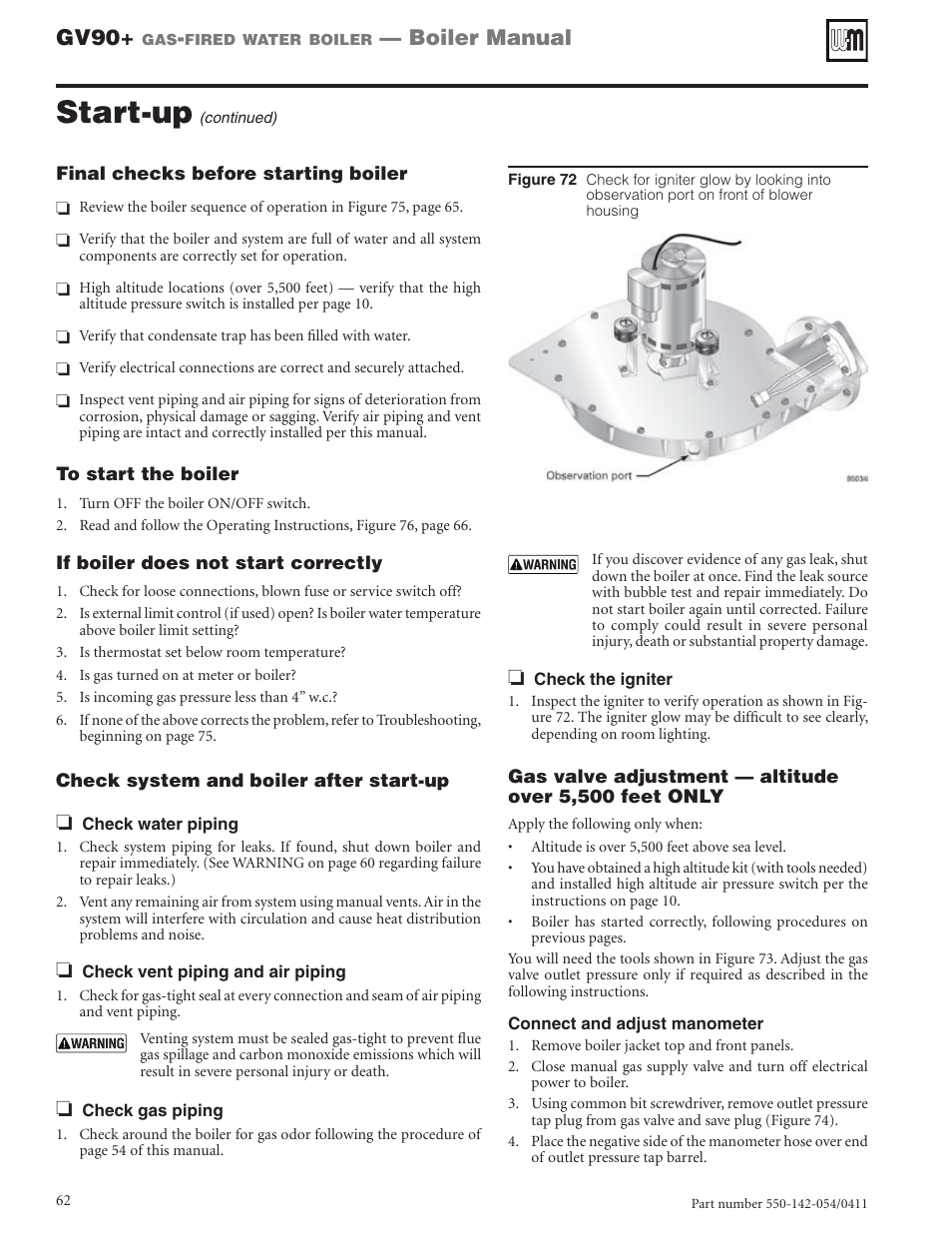 Start-up, Gv90, Boiler manual | Weil-McLain GV90+ User Manual | Page 62 / 108