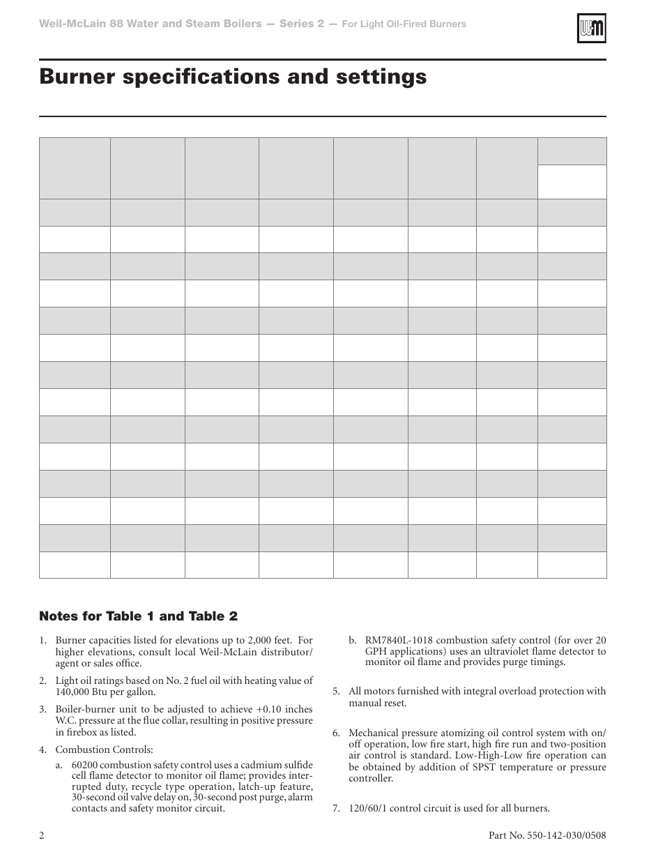 Burner specifications and settings | Weil-McLain 702CRD-W User Manual | Page 2 / 4