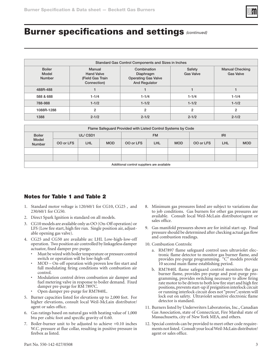 Burner specifications and settings | Weil-McLain CG50 User Manual | Page 3 / 4