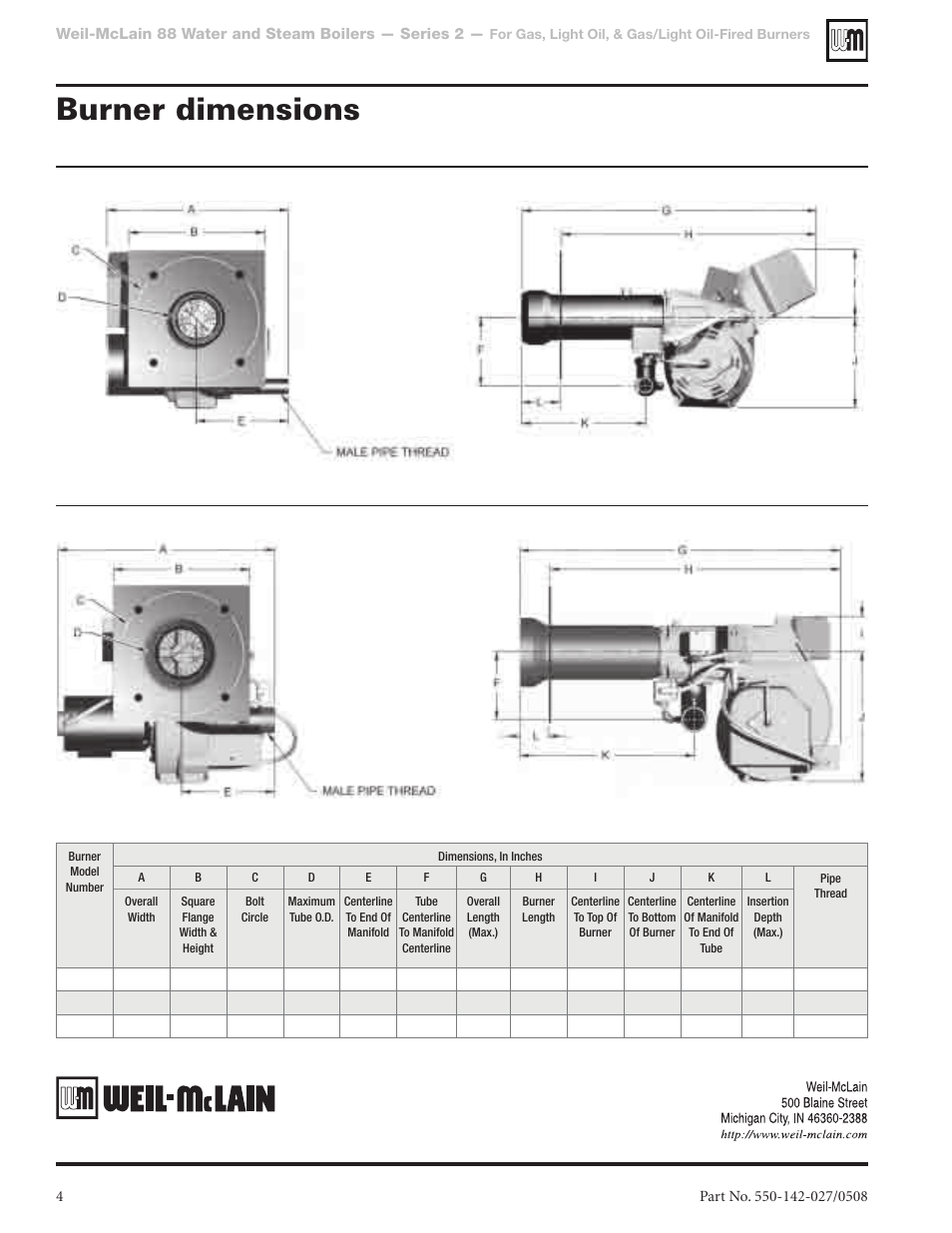 Burner dimensions | Weil-McLain CG50 User Manual | Page 4 / 4
