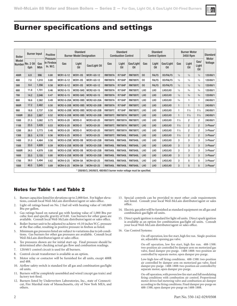 Burner specifications and settings, Weil-mclain 88 water and steam boilers — series 2, Table 1 | Weil-McLain Gas Burner User Manual | Page 2 / 4