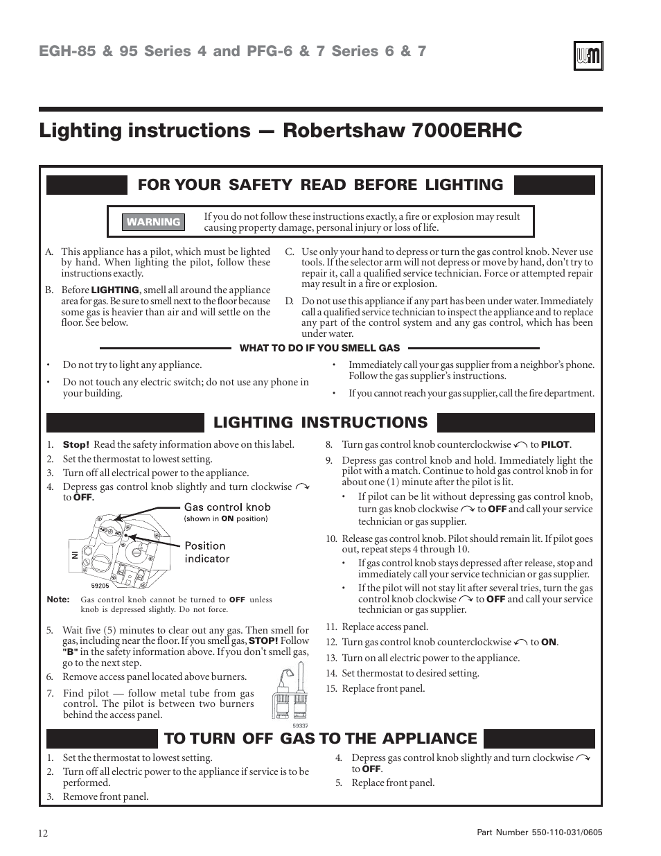 Lighting instructions — robertshaw 7000erhc | Weil-McLain PFG-7 User Manual | Page 12 / 16