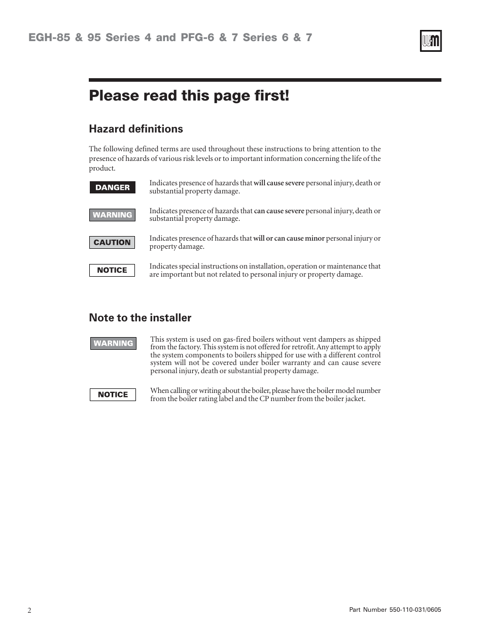 Please read this page first, Hazard definitions | Weil-McLain PFG-7 User Manual | Page 2 / 16