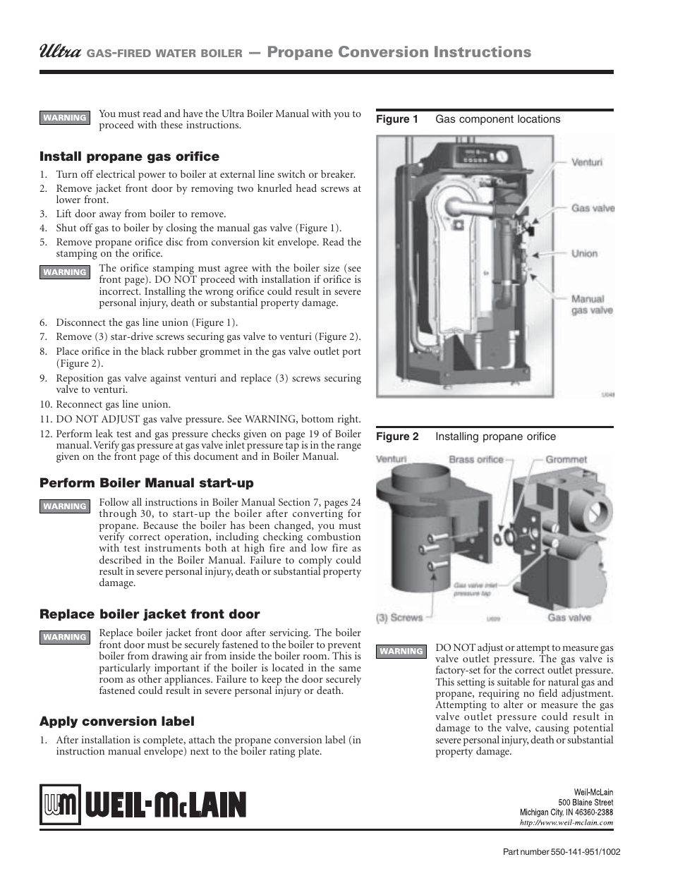 Propane conversion instructions | Weil-McLain ULTRA 550-141-951/1002 User Manual | Page 2 / 2