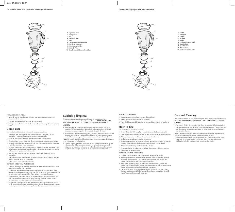 21 0/((p)), Care and cleaning, Cuidado y limpieza | How to use, Como usar | Windmere WMBLH3V User Manual | Page 2 / 2