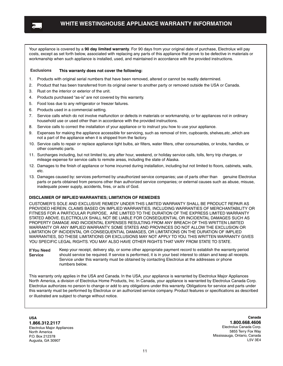 White westinghouse appliance warranty information | White-Westinghouse 241997501 User Manual | Page 11 / 12