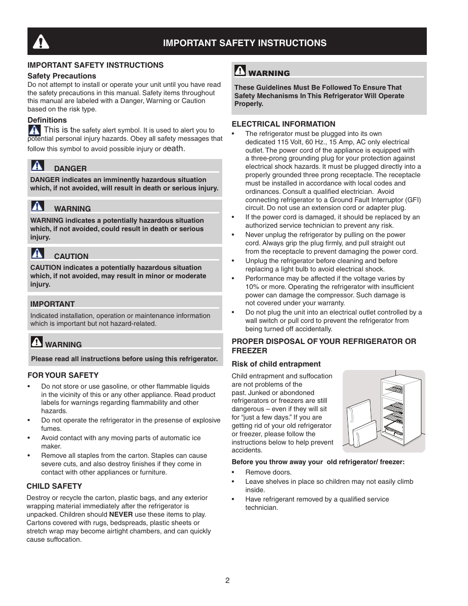 Important safety instructions | White-Westinghouse 241997501 User Manual | Page 2 / 12