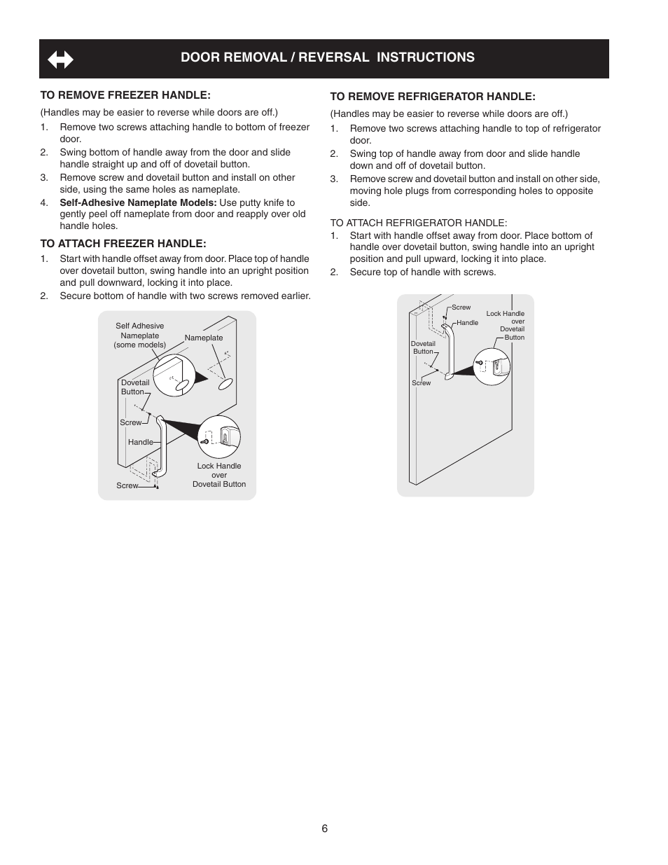 Door removal / reversal instructions | White-Westinghouse 241997501 User Manual | Page 6 / 12