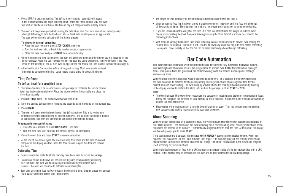 Bar code automation, About scanning, Time defrost | White-Westinghouse WST3506SB User Manual | Page 15 / 36