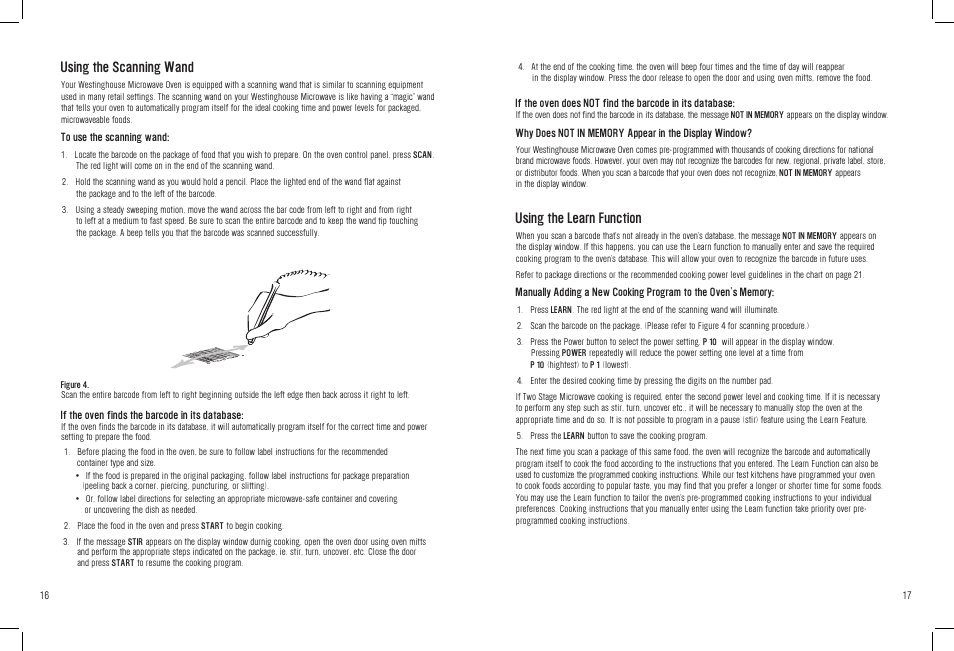 Using the learn function, Using the scanning wand | White-Westinghouse WST3506SB User Manual | Page 17 / 36
