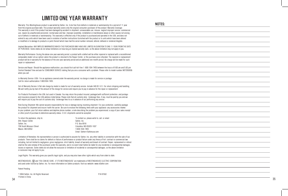 Limited one year warranty | White-Westinghouse WST3506SB User Manual | Page 35 / 36