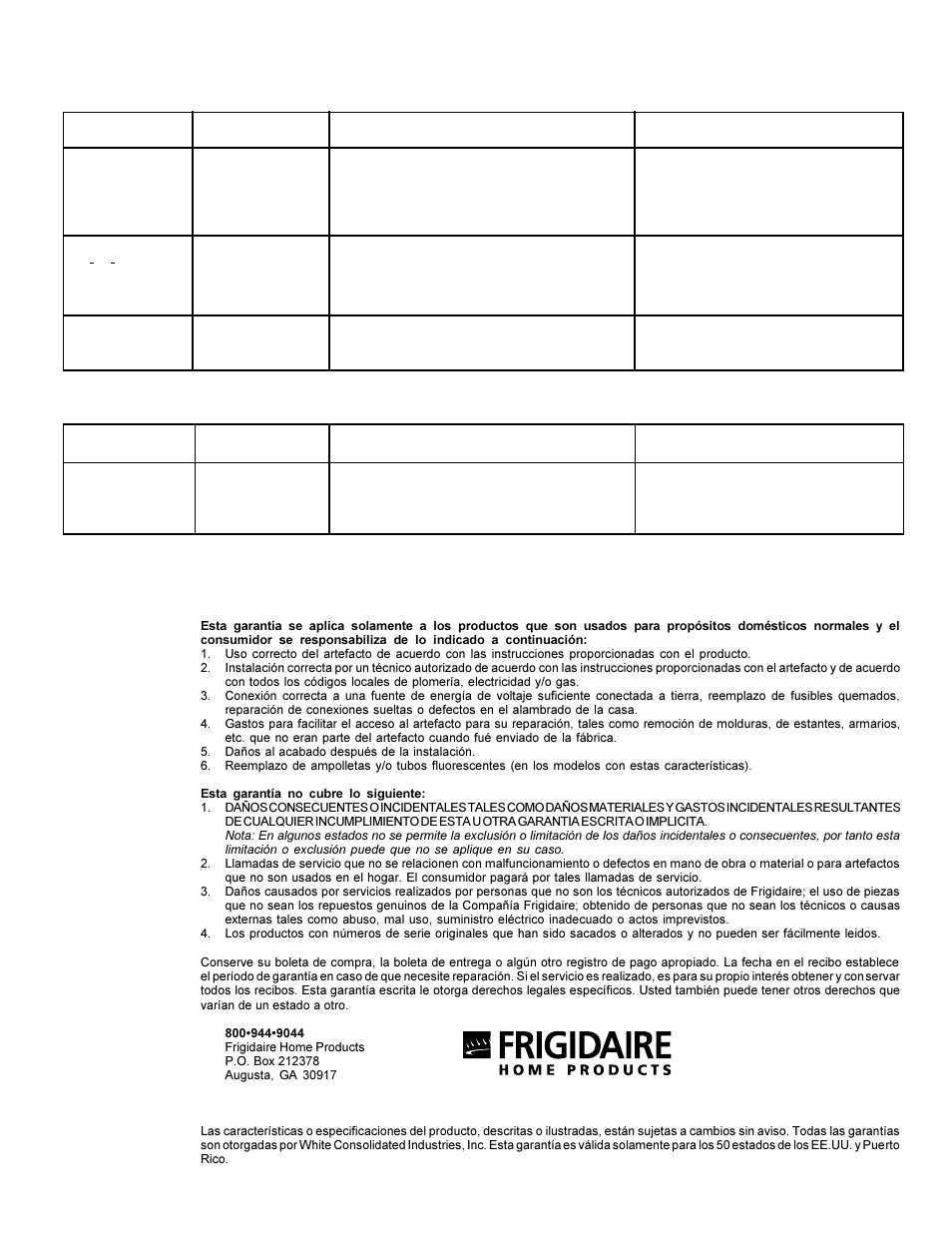Garantia del refrigerador frigidaire | White-Westinghouse 218954301 User Manual | Page 39 / 40