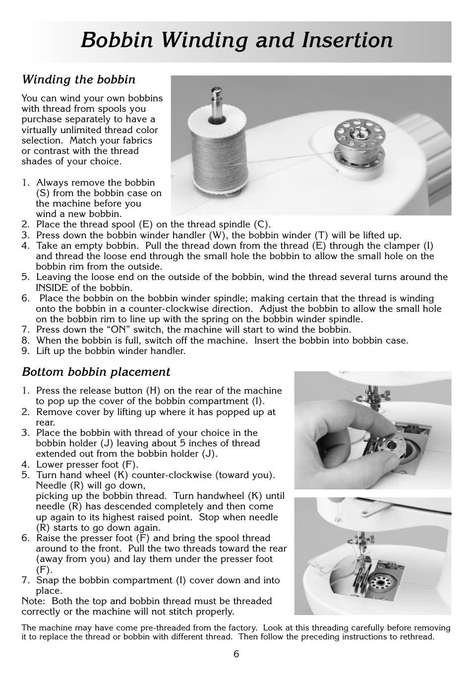 Bobbin winding and insertion, Winding the bobbin, Bottom bobbin placement | White SEW E-Z W338 User Manual | Page 6 / 12