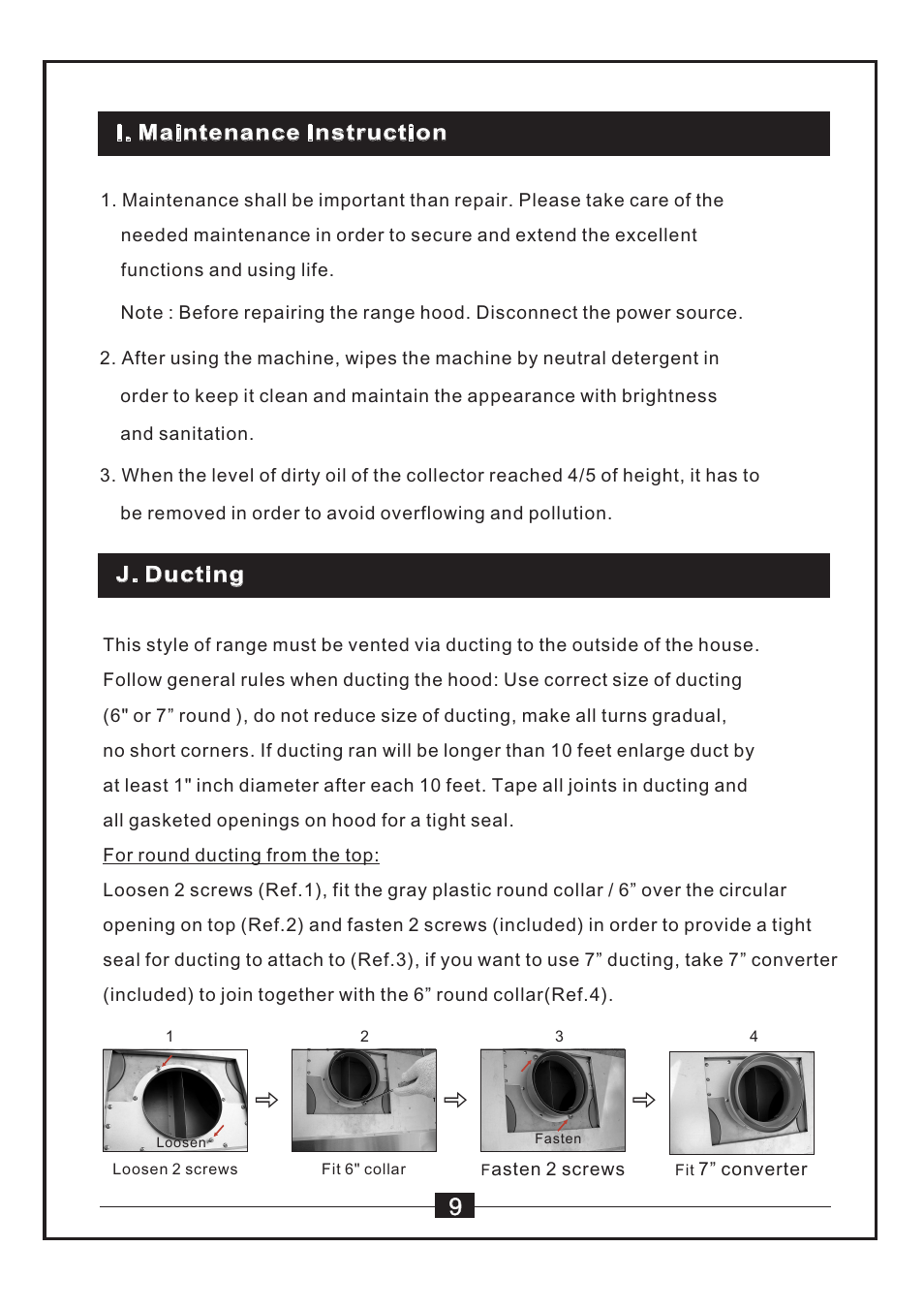 I. maintenance instruction j. ducting | Windster WS-38 User Manual | Page 11 / 28