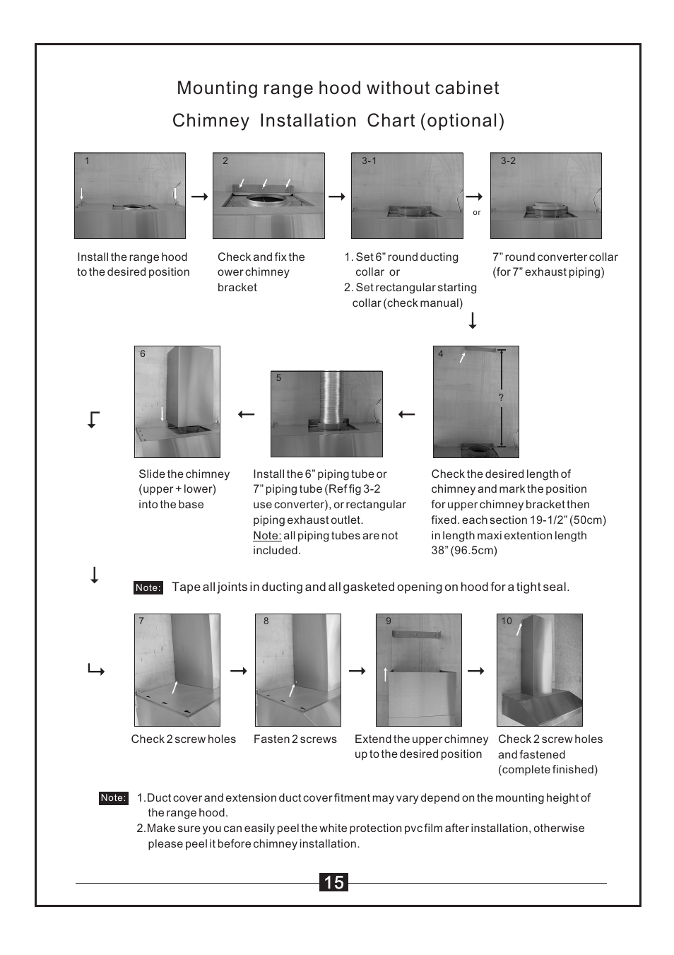 Chimney installation chart (optional), Mounting range hood without cabinet | Windster WS-38 User Manual | Page 17 / 28