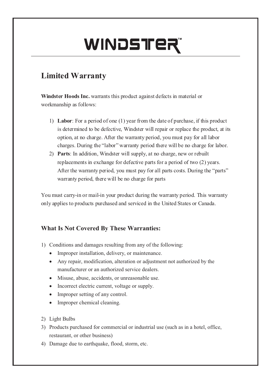 Limited warranty | Windster WS-38 User Manual | Page 26 / 28