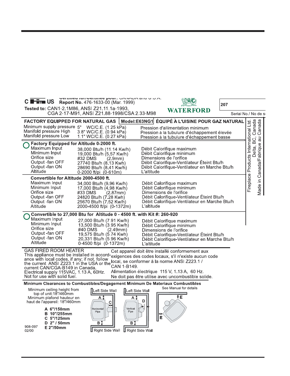 Safety label | Waterford Appliances EMERALD E63-NG1 User Manual | Page 4 / 24