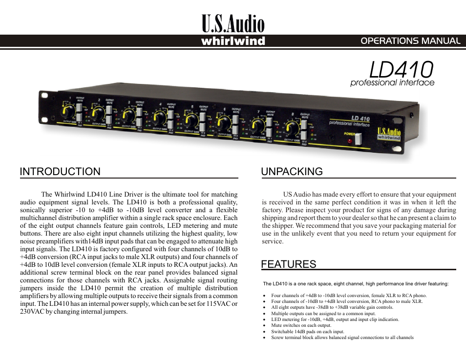 Whirlwind LD410 User Manual | 5 pages