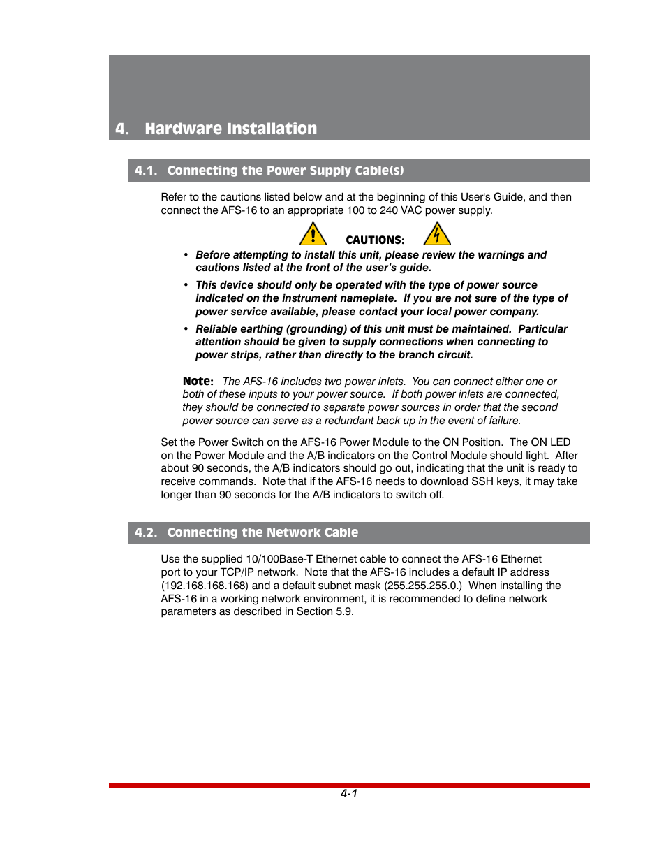 Hardware installation -1, Connecting the power supply cable(s) -1, Connecting the network cable -1 | Hardware installation | Western Telematic AFS-16-1 User Manual | Page 19 / 135