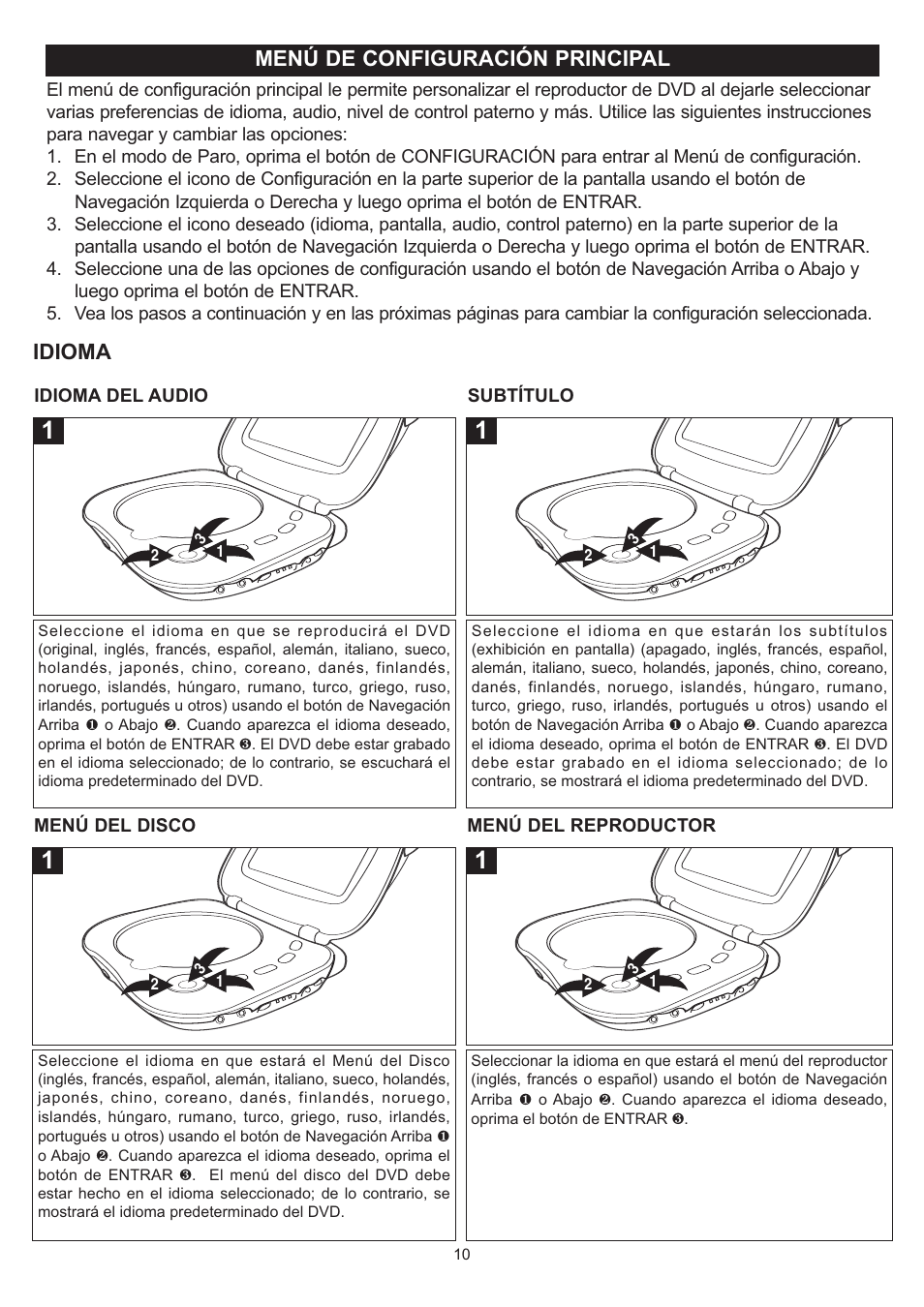 Menú de configuración principal, Idioma | Disney DP7000 User Manual | Page 32 / 66