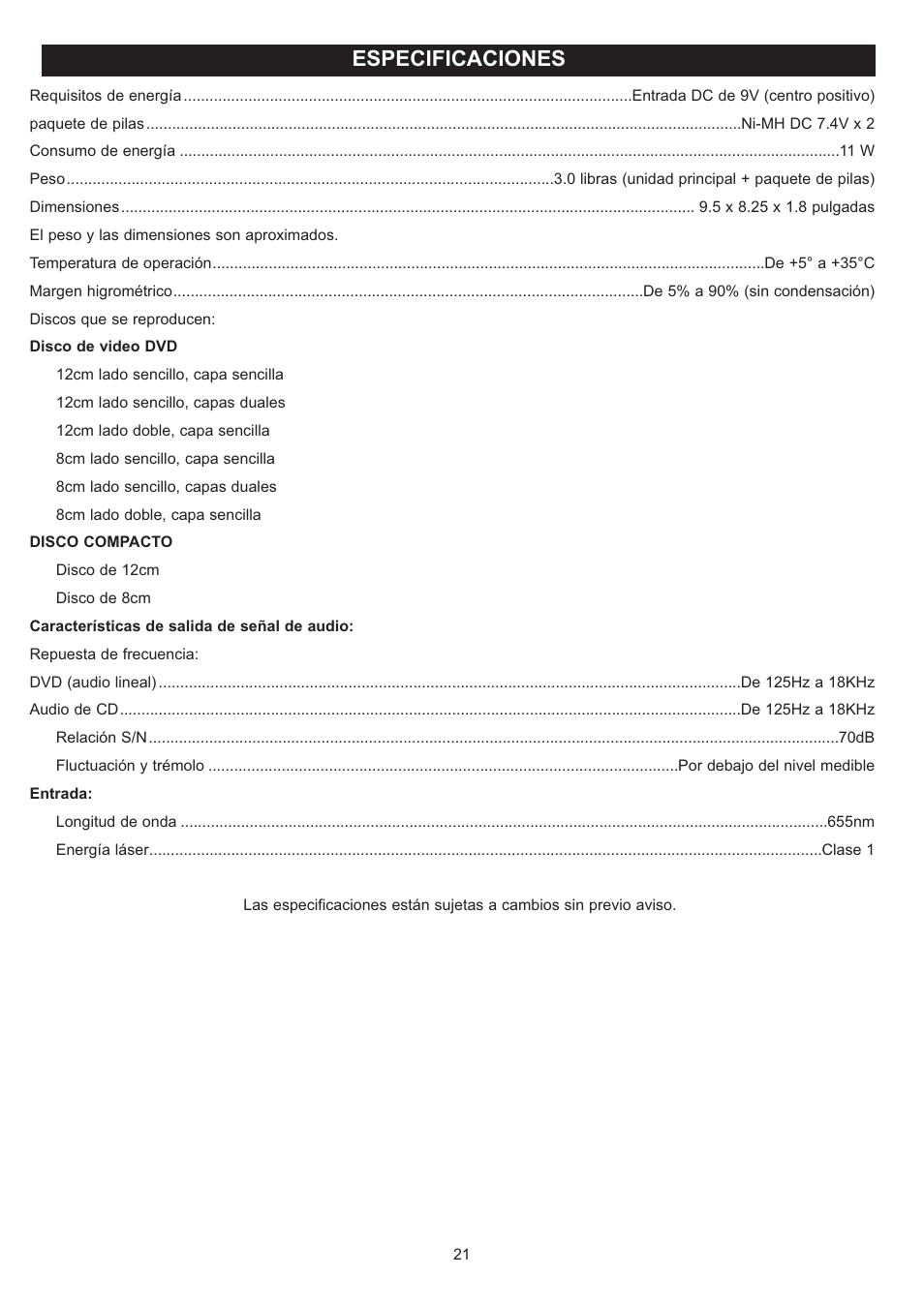 Especificaciones | Disney DP7000 User Manual | Page 43 / 66