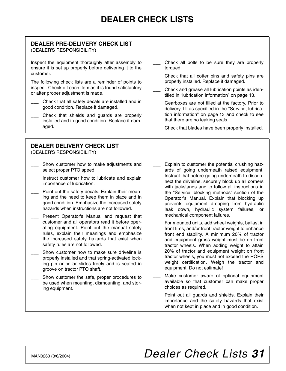 Dealer check lists 31, Dealer check lists | Woods Equipment RDC54 User Manual | Page 33 / 40