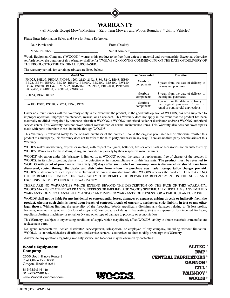 Warranty | Woods Equipment RDC54 User Manual | Page 38 / 40