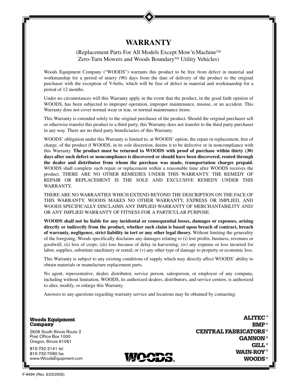 Warranty | Woods Equipment RDC54 User Manual | Page 39 / 40