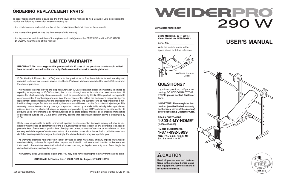 Weider PRO 290 User Manual | 8 pages