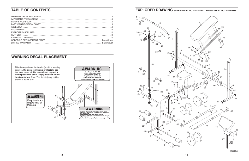 Table of contents exploded drawing, Warning decal placement | Weider PRO 290 User Manual | Page 2 / 8
