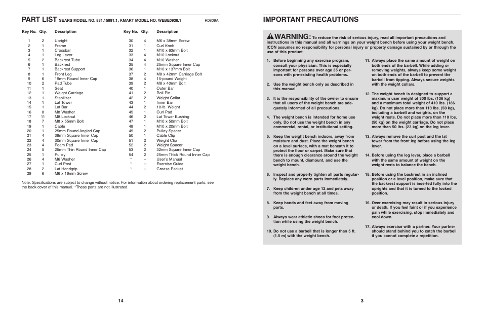 Warning, Important precautions, Part list | Weider PRO 290 User Manual | Page 3 / 8
