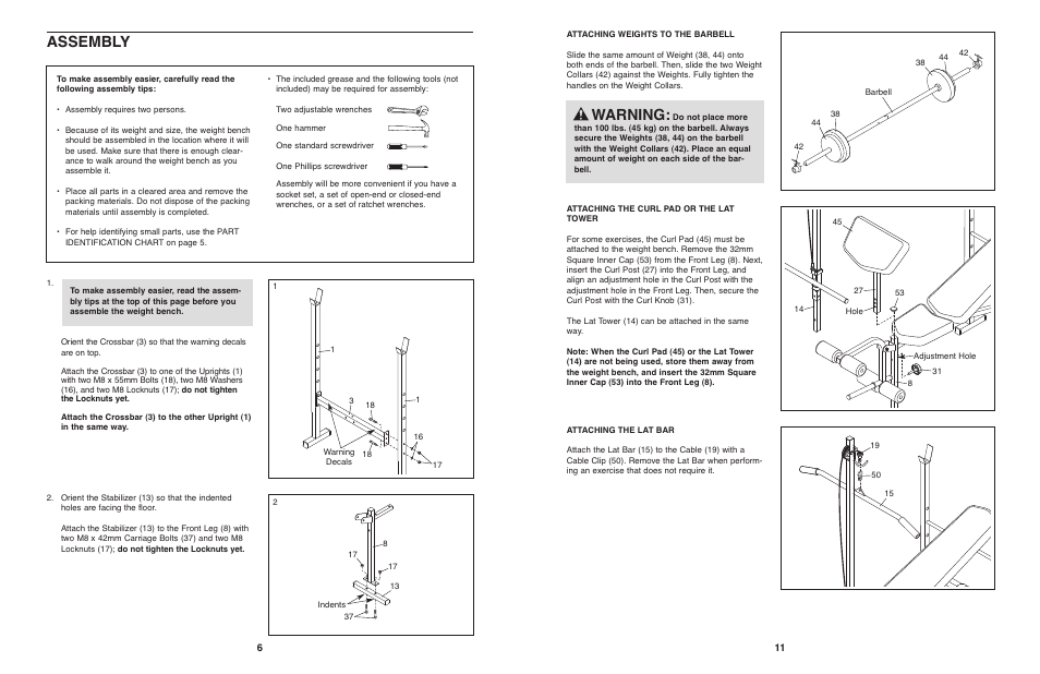 Assembly, Warning | Weider PRO 290 User Manual | Page 6 / 8