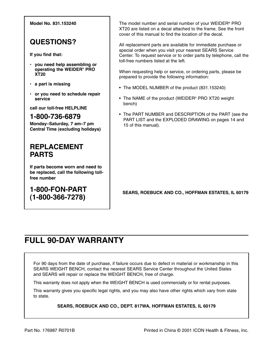 Full 90-day warranty, Questions, Replacement parts | Weider XT20 User Manual | Page 16 / 16