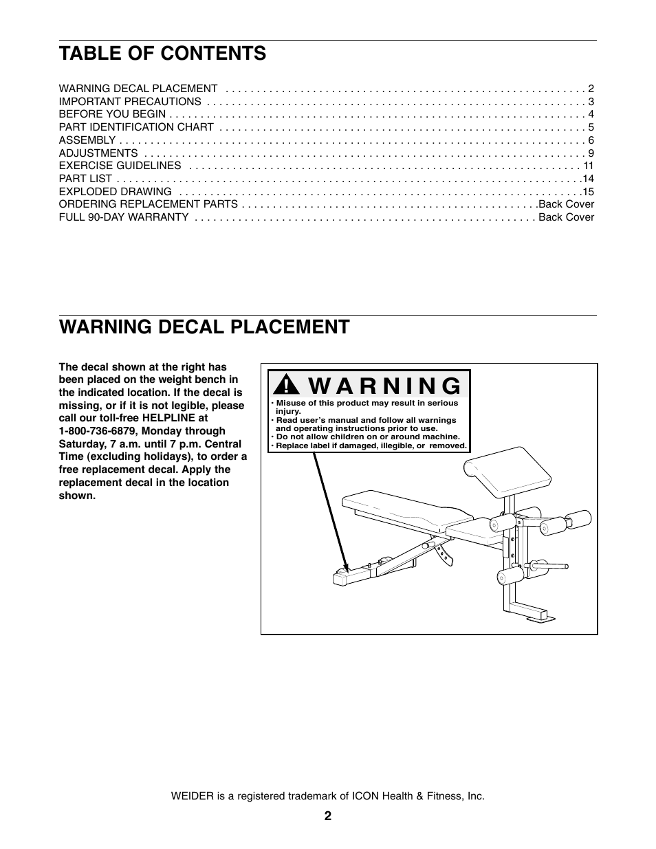 Table of contents warning decal placement | Weider XT20 User Manual | Page 2 / 16